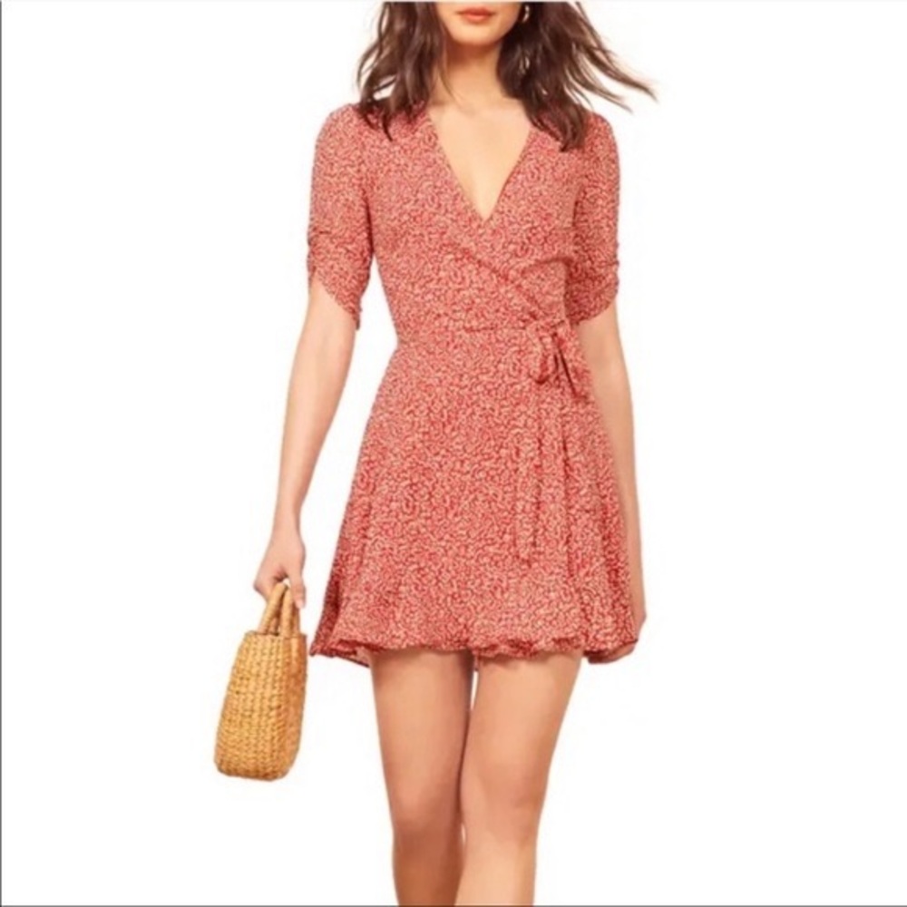 Reformation Monica Scribble print red white mini wrap dress